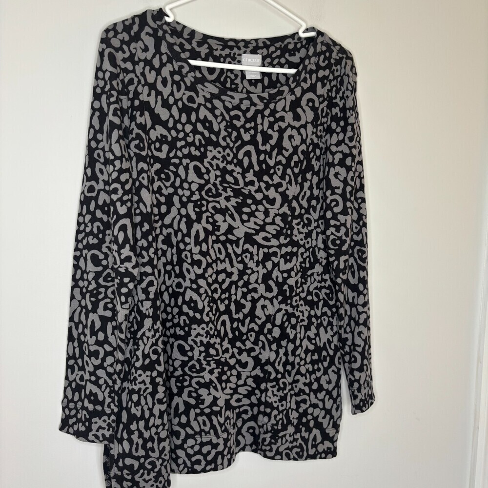 CHICO'S Pima Cotton Abstract Leopard Print Pocket Tunic Womens M Stretch Casual